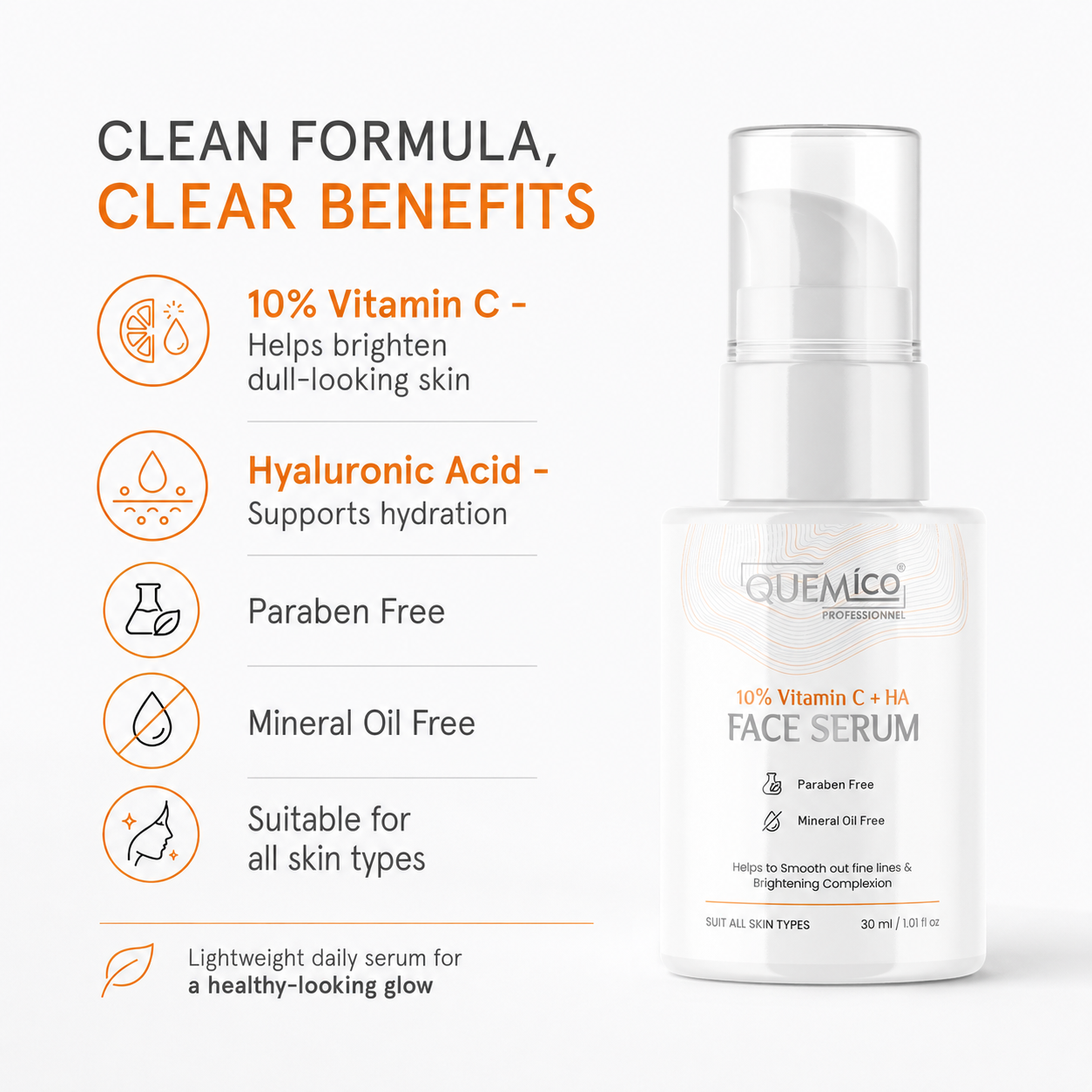 10% Vitamin C Face Serum with Hyaluronic Acid, 30ml